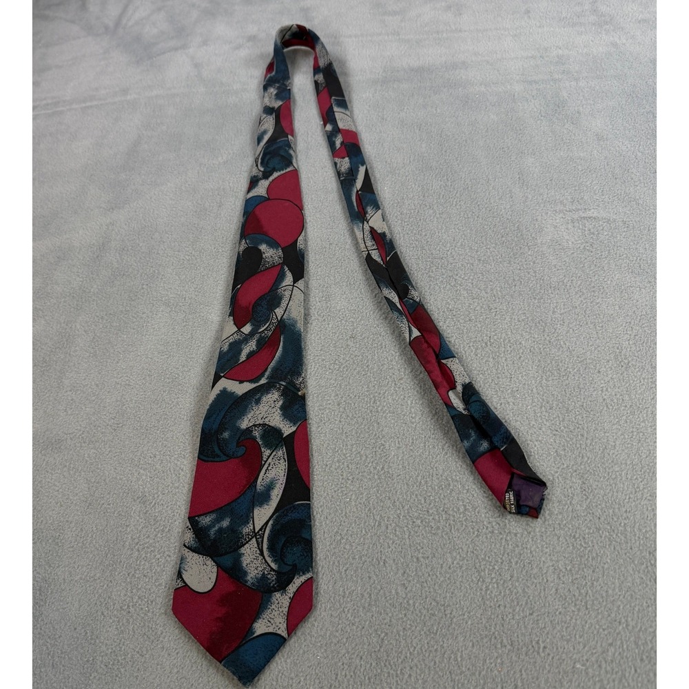John‎ Blair Mens Silk Necktie Abstract Swirl Geometric Red Navy Blue Grey Tie